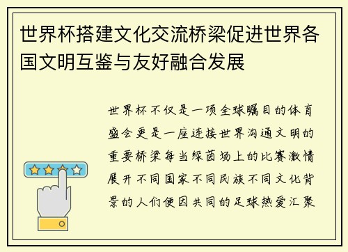 世界杯搭建文化交流桥梁促进世界各国文明互鉴与友好融合发展